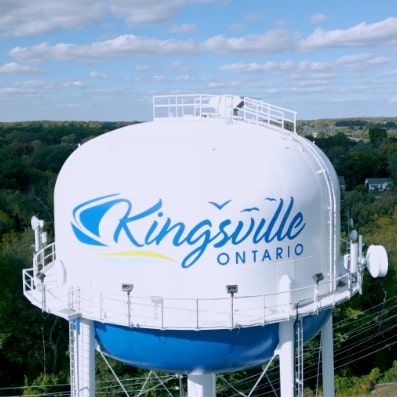 Aerial view of Kingsville water tower with town logo